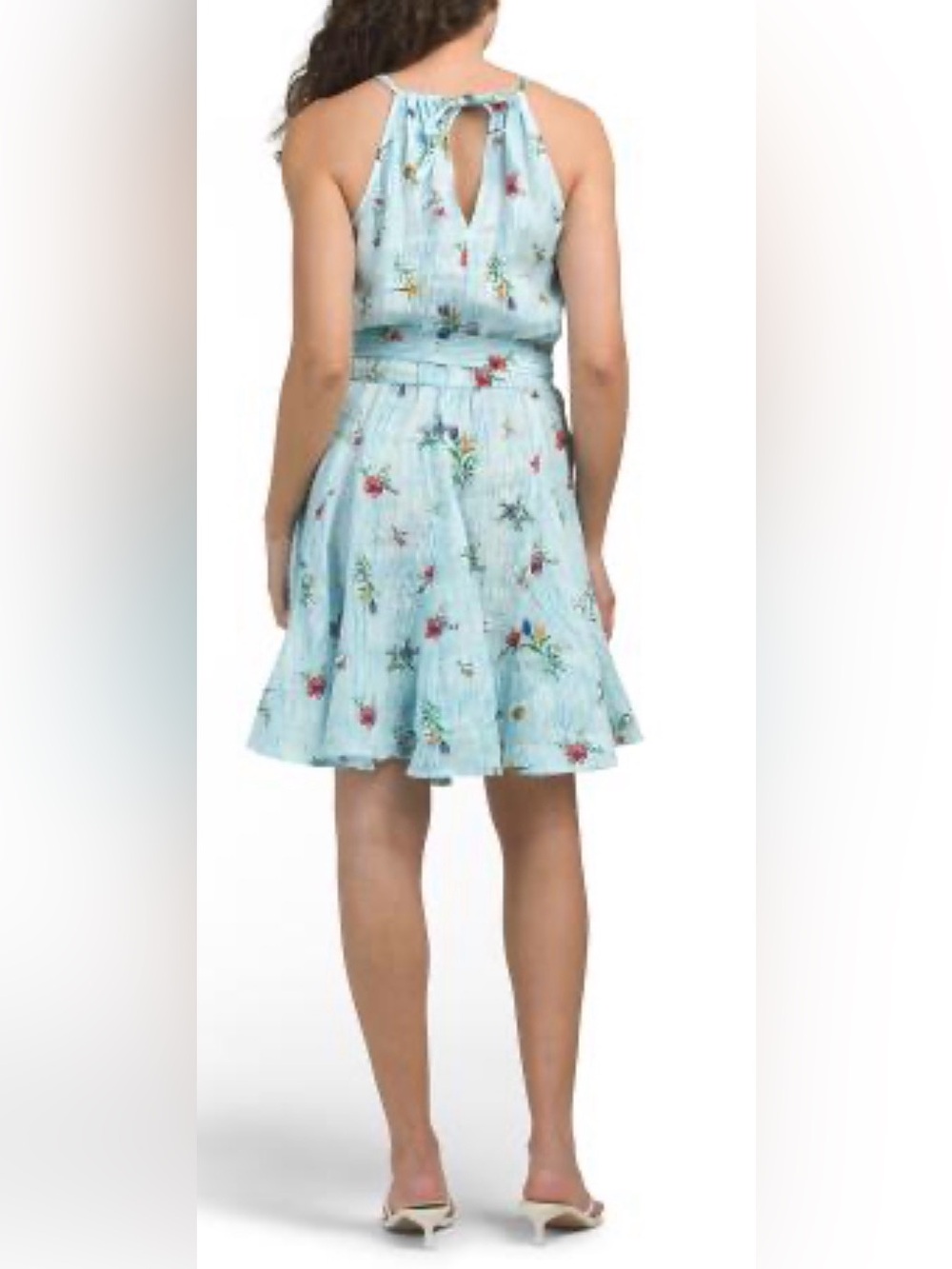 120%  Lino xs blue floral luxury dress halter type style linen